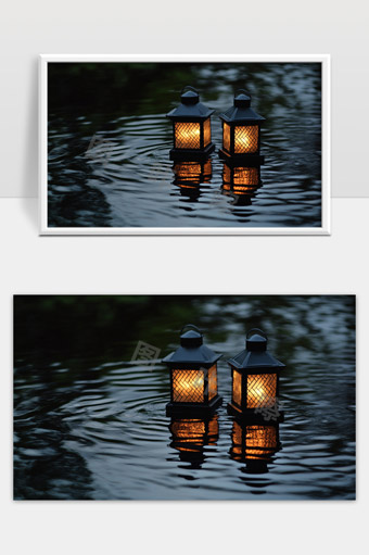 夜晚水面上漂浮的温暖光源灯笼景象
