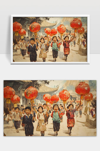 欢庆节日儿童提灯快乐奔跑喜庆场景