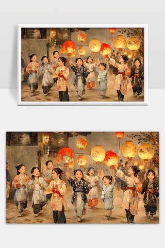 古风儿童提灯游园欢庆传统节日扬灯快乐