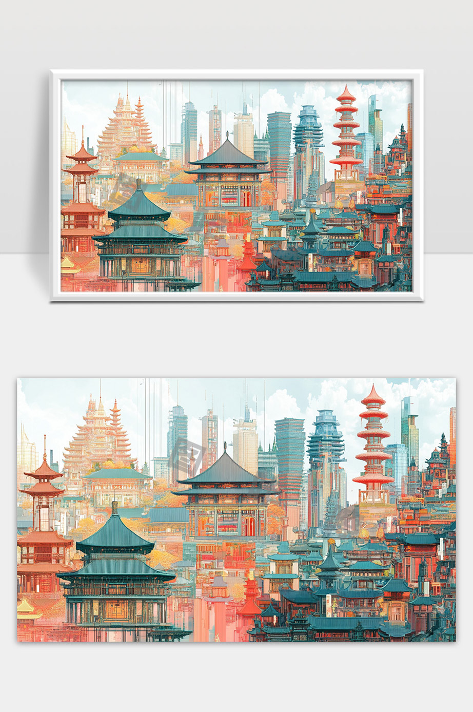 传统古建筑与现代城市建筑完美融合的未来都市景观