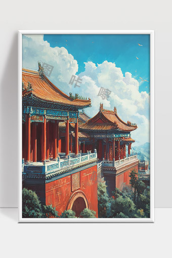 古代宫殿建筑风光蓝天白云古韵悠长