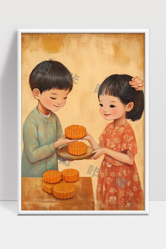 中秋节儿童分享月饼温馨画面