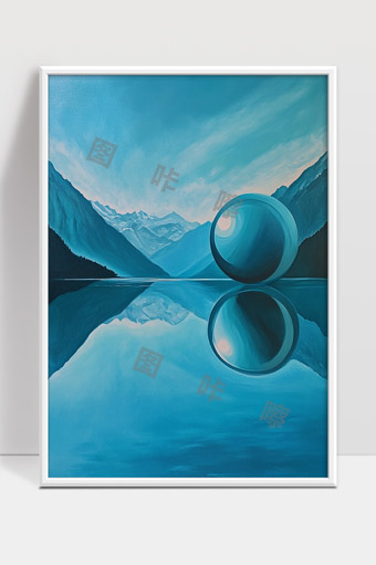 蓝色山水间静谧倒影与神秘圆球的奇幻景象