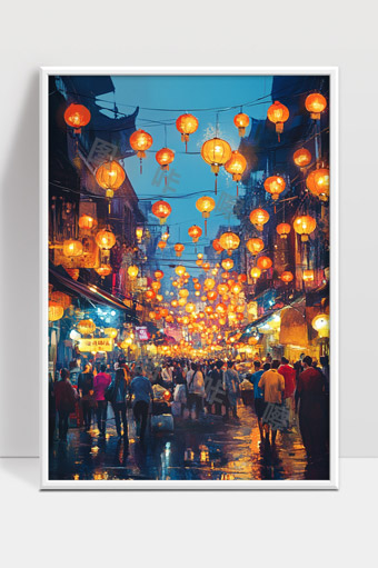 夜晚古街灯笼高挂人潮涌动节日氛围浓厚