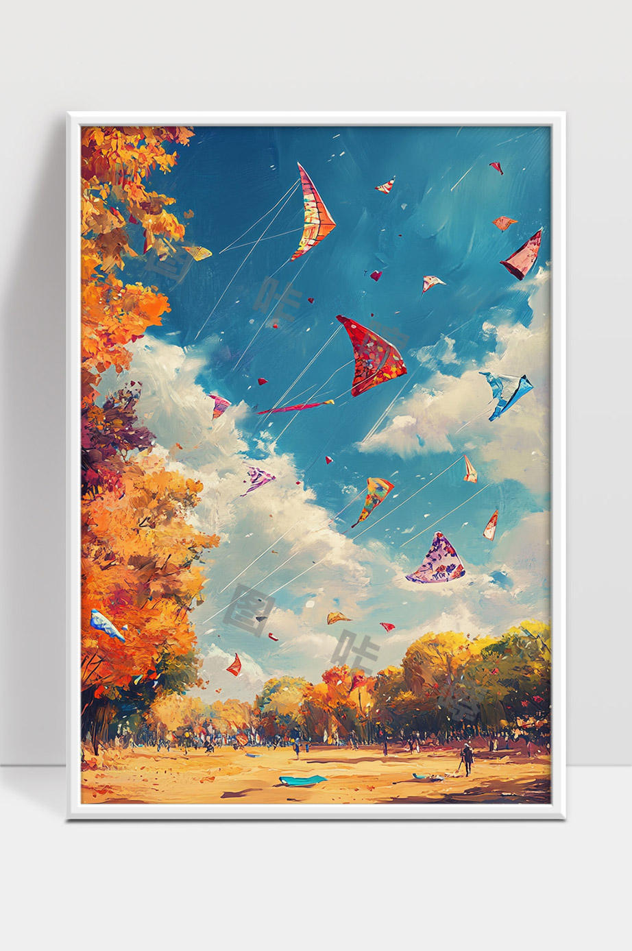 秋天空中五彩风筝飞舞的美丽景象