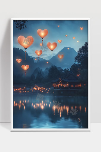 夜晚心形灯笼点亮宁静山水间的梦幻景象