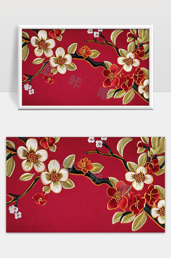 中国风绣花喜庆花卉红色背景艺术设计