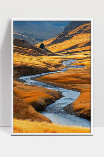 秋日山谷蜿蜒溪流穿越金色草甸美景