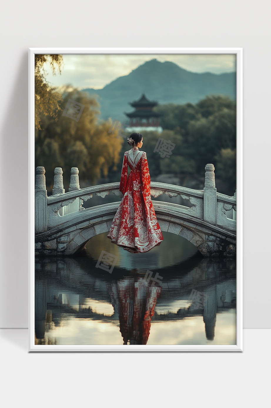 古风女子桥上独立望远山水如画