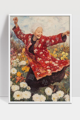 幸福微笑中的老奶奶舞动花海中的优雅身姿