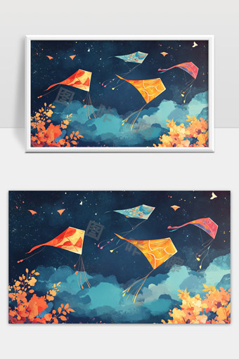 夜空中五彩风筝飞舞秋叶映衬童年记忆