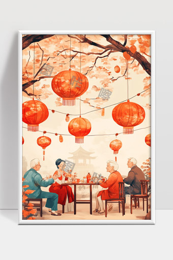 中秋节老人团圆共赏灯笼佳节温馨画面