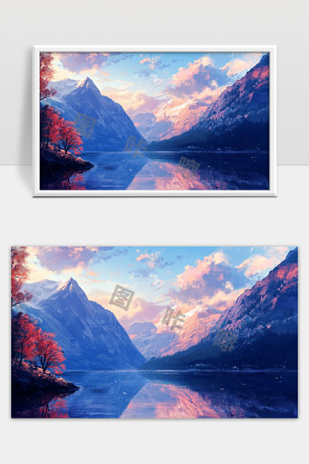 秋日山水之间宁静湖泊映照蓝天白云