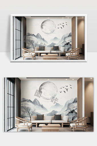 现代简约中式客厅山水壁画设计