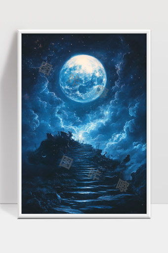 通往月亮的神秘阶梯夜空星云梦幻场景