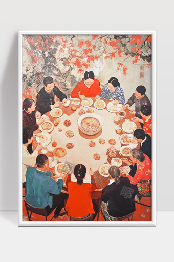传统家庭团圆饭喜庆温馨的聚餐场景