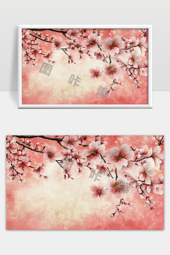 粉色背景下盛开的樱花枝头春意盎然美丽风景画