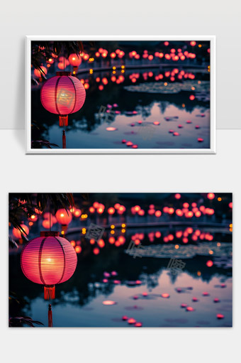 夜晚河边红灯笼点缀温馨节日氛围
