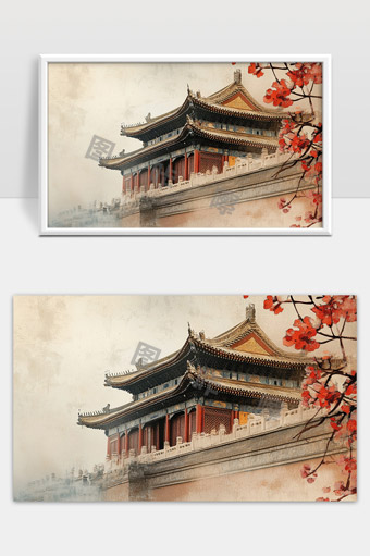 中国古代宫殿建筑与红花美景古韵悠长