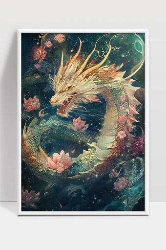 神秘东方龙在莲花池中翱翔的奇幻画卷