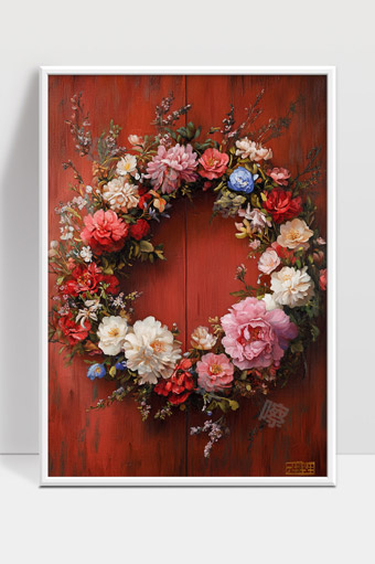 盛开多彩鲜花花环装饰温暖红色背景画作