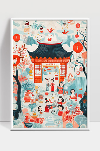 古风节日盛会欢乐团聚的传统文化场景