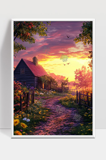 田园暮色乡村小屋夕阳余晖静谧自然景色