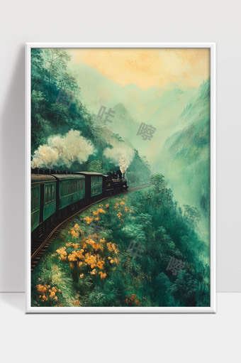蒸汽火车穿行幽深山谷绿树花海之间景色迷人