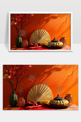 传统中国风中秋月饼与红色装饰静物摆设