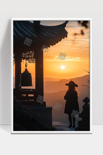 夕阳下古寺钟楼与女子剪影宁静唯美风光