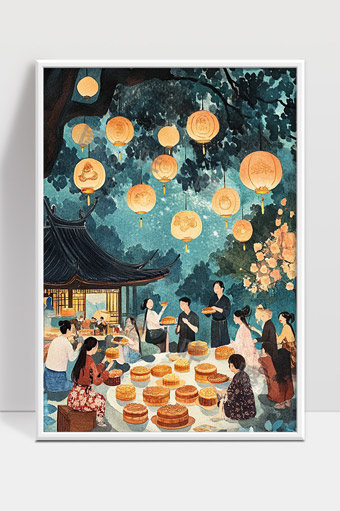 中秋节团圆夜家人共庆赏月灯笼映照