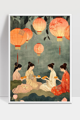 古风女子月下赏灯共品月饼团圆佳节情