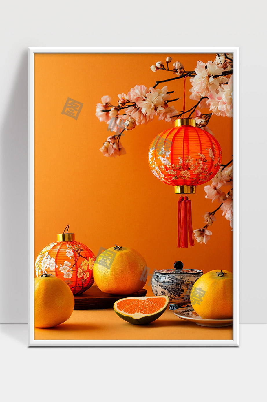 喜庆橙色灯笼与新鲜柚子中秋佳节氛围