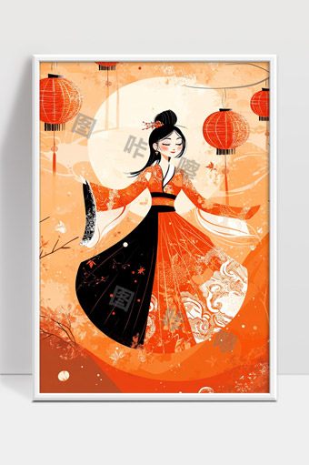 古风女子舞动身姿喜庆中国红灯笼映衬美丽传统服饰