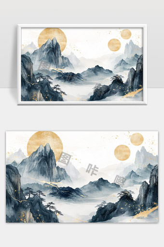 东方水墨高山云雾远景意境自然风光画作