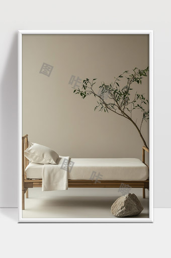 极简风竹制单人床和绿植自然清新居家环境