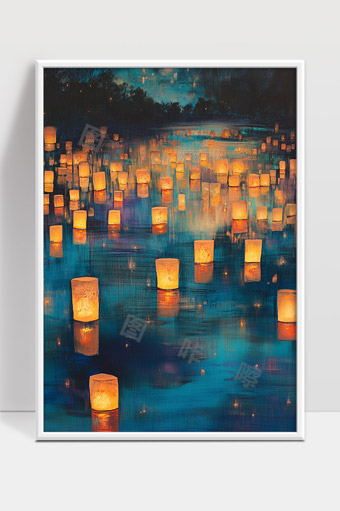 水面上漂浮的温暖灯笼夜色宁静梦幻景象