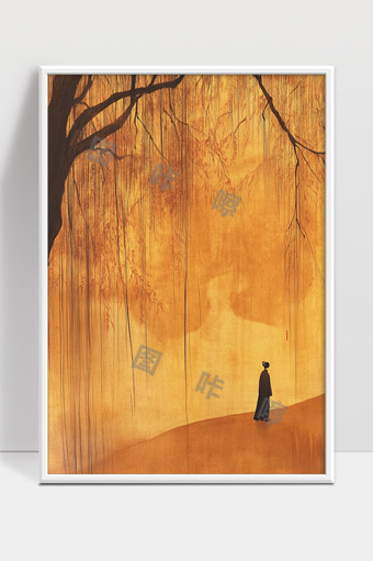 秋日黄昏柳树下独行的古风人物意境画