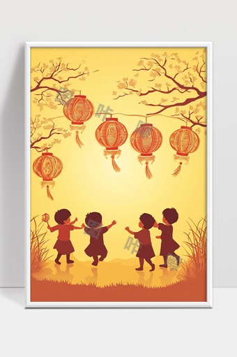 儿童欢庆中秋节提灯笼欢乐场景