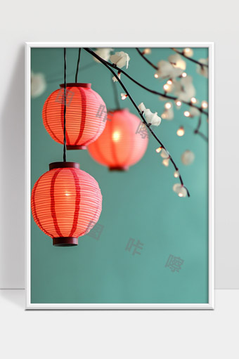 红灯笼与梅花装饰春节传统喜庆氛围