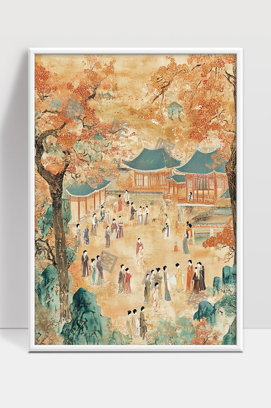 古代庭院秋天人们聚会赏景图