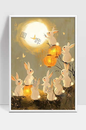 月圆中秋夜兔子提灯欢聚赏月