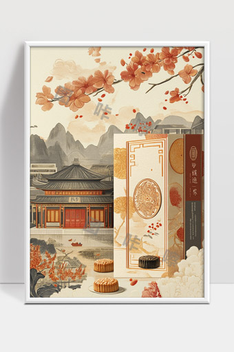 古风中秋月饼礼盒庭院美景绘画