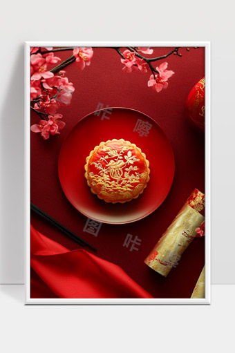 精美传统中秋月饼与红色喜庆节日元素摆设