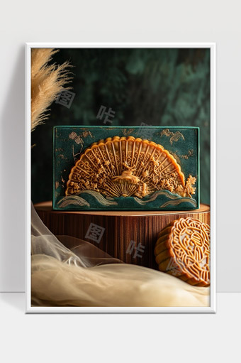 精美中秋月饼伴四季扇形艺术摆件