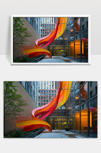 现代城市建筑中彩色飘带艺术装置与玻璃幕墙