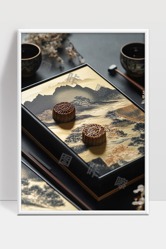 中秋月饼茶具古典山水画盘美食摆拍
