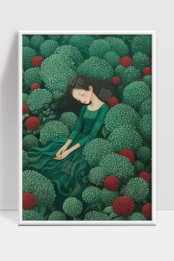 绿色梦境中沉睡的少女和神秘花海