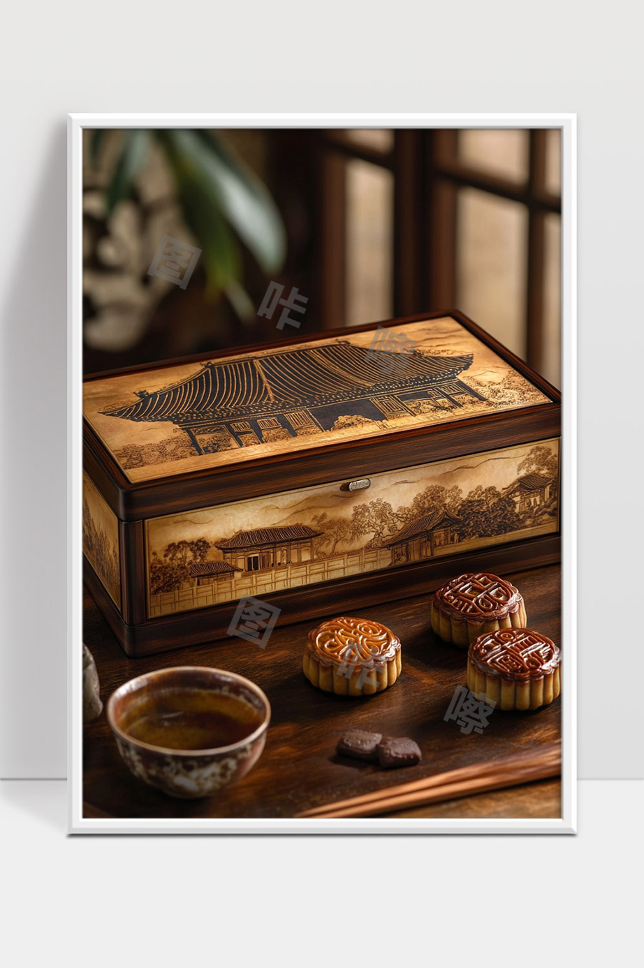 传统中秋月饼与古风木质礼盒唯美摆拍