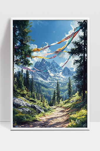 高山森林间的祈福经幡与自然风光画卷